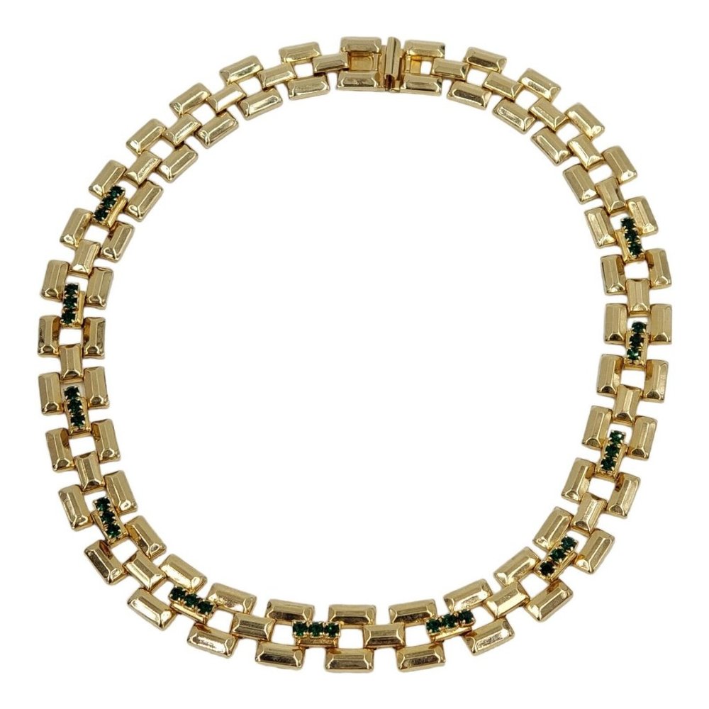 Vintage Flat Chain LInk Green Rhinestone Necklace